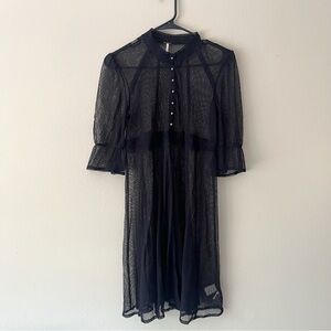 Free people Puff Sleeve Mesh Dotted Lace Trim Button Up See through Mini Dress
